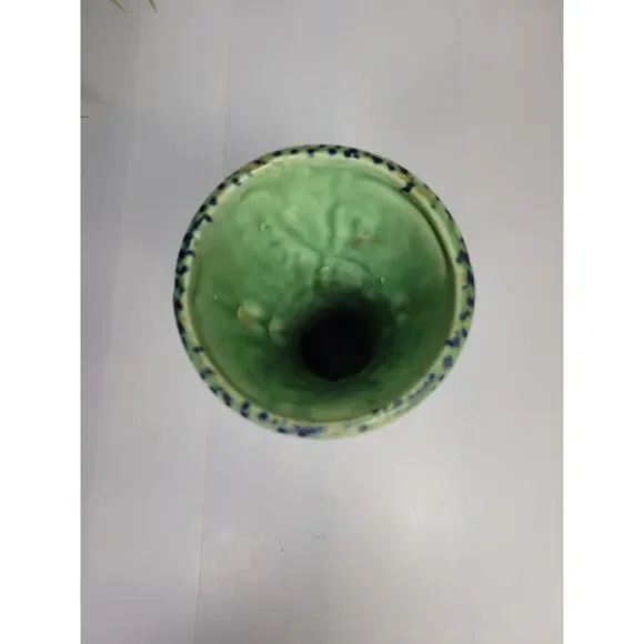 Vintage Green & Cobalt Pottery Vase, Double Handle, Japan - Picture 4 of 5